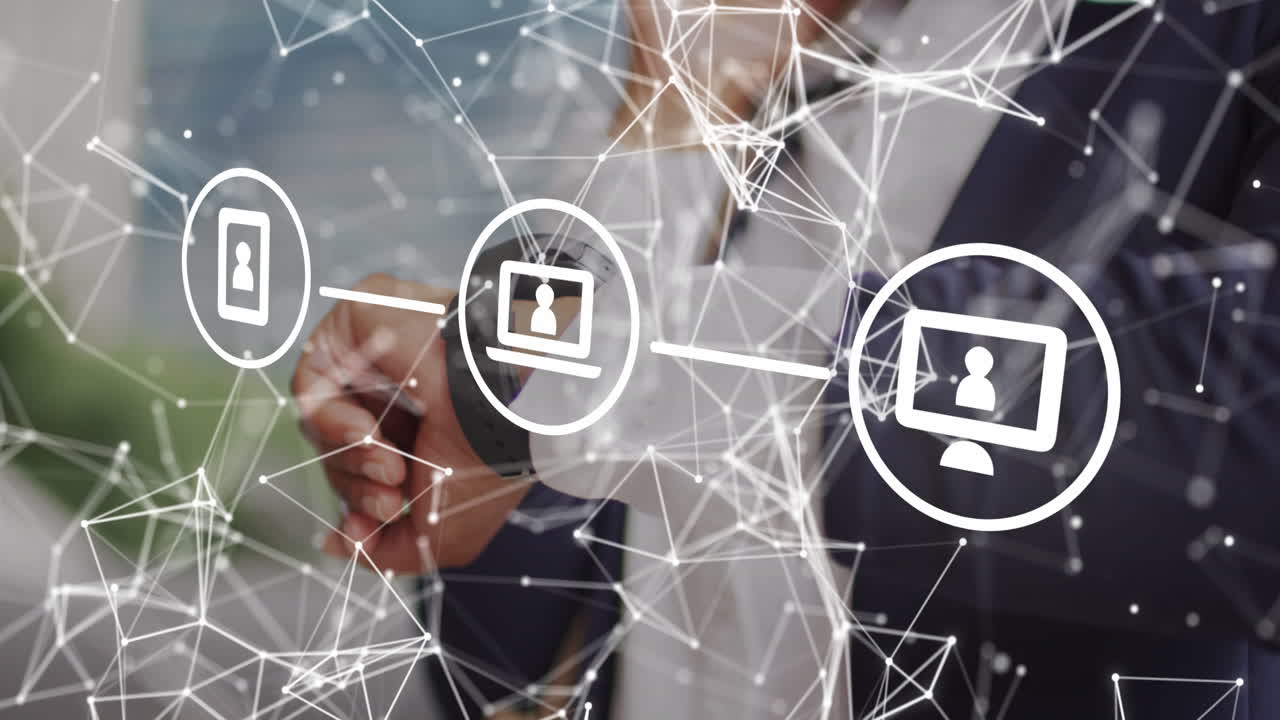 animación de iconos y datos comerciales sobre mujeres afroamericanas que usan teléfonos inteligentes