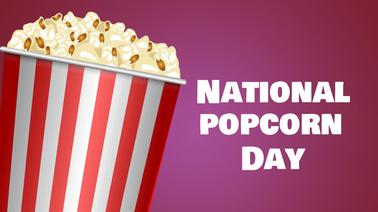 Animacja pudełka popcornu nad tekstem Narodowy Dzień Popcornu