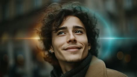 portrait of a man with curly hair looking up
