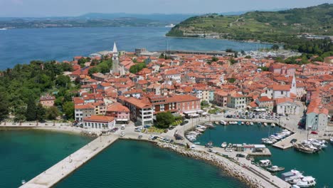 aerial: amazing mediterranean town izola on adriatic coast peninsula, slovenia