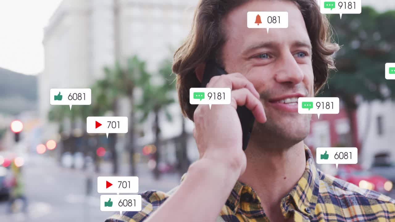 스마트폰을 사용하는 백인 남성에 대한 소셜 미디어 아이콘의 애니메이션