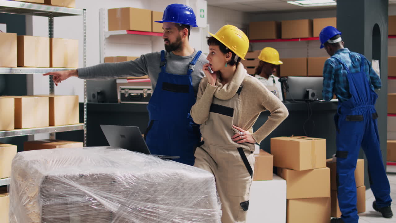 Warehouse workers discussing packages in a warehouse