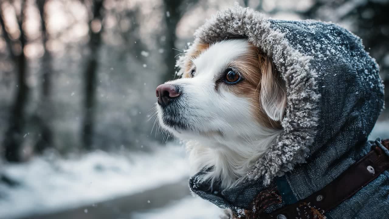A dog wearing a cozy hooded jacket gazes thoughtfully into the snowy landscape, capturing the serene beauty of winter and the bond between pets and nature