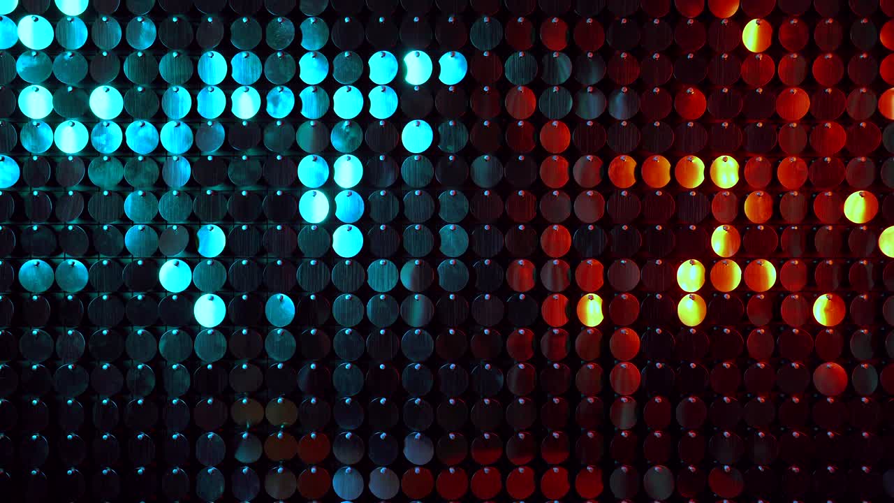 Shiny kinetic surface panel illuminated by gold and turquoise light in luxury boutique. Flickering background for interruptions or text savers. Mirror sequins sway by wind blowing.
