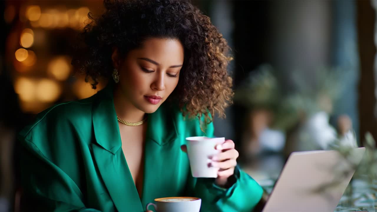 Focused and Stylish: A Woman with Curly Hair in a Green Blazer Enjoys Coffee While Working on a Laptop in a Cozy Café Setting