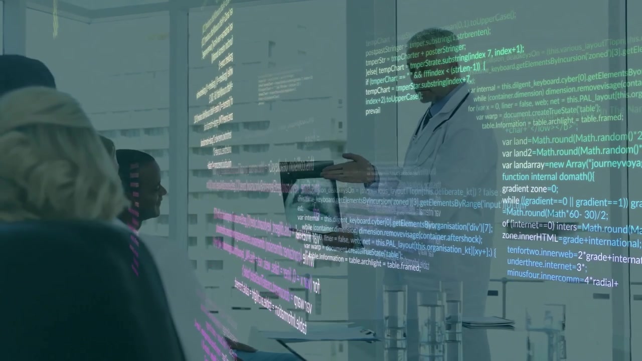 Doctor tapping X-ray in hospital projecting code for diagnostics as attendee questioning