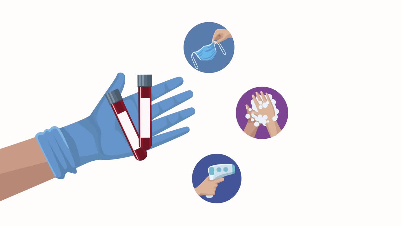 covid19 animation with hands lifting tubes test and icons