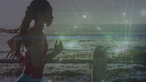 animación de la red de conexiones con puntos de luz sobre la mujer afroamericana corriendo