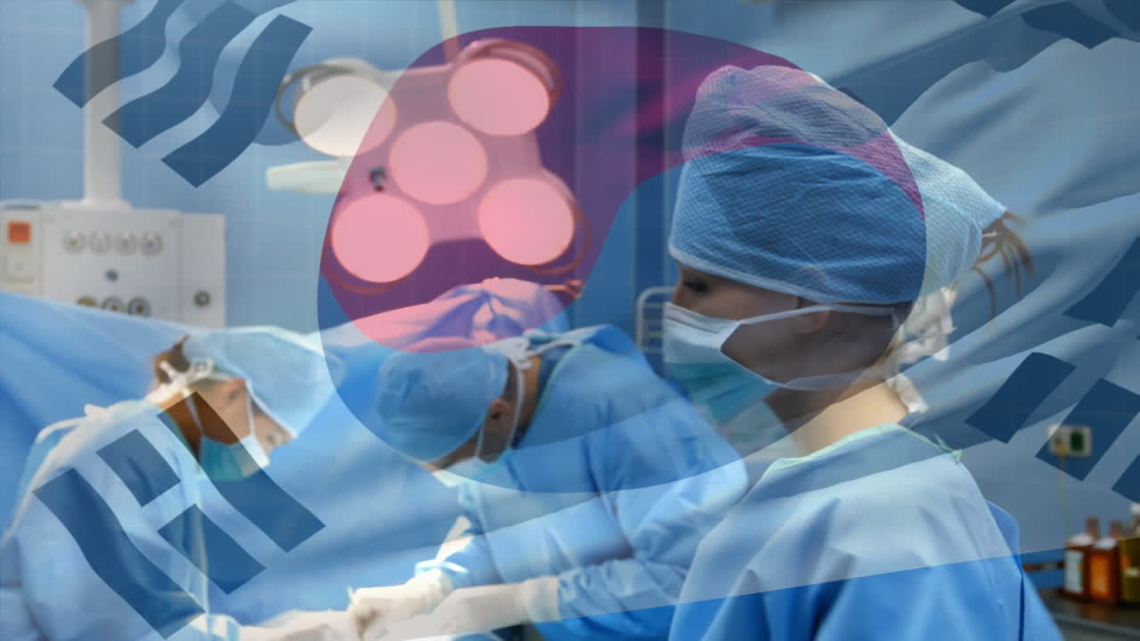 수술실에서 외과 의사 들 위 에 한국 의  ⁇ 발 이 흔들리는 애니메이션