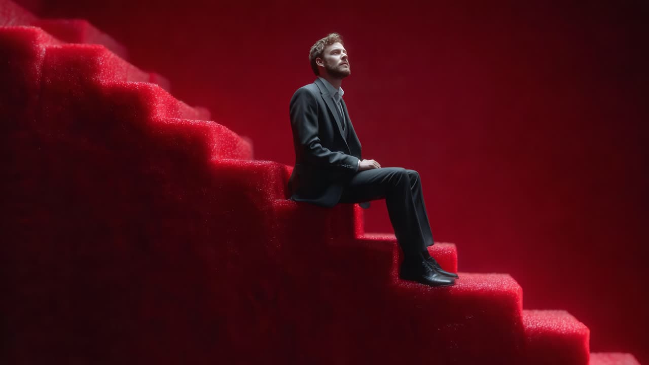 A Contemplative Figure Seated on Striking Red Steps, Evoking Themes of Isolation, Reflection, and Sophistication Amidst a Dramatic Atmosphere