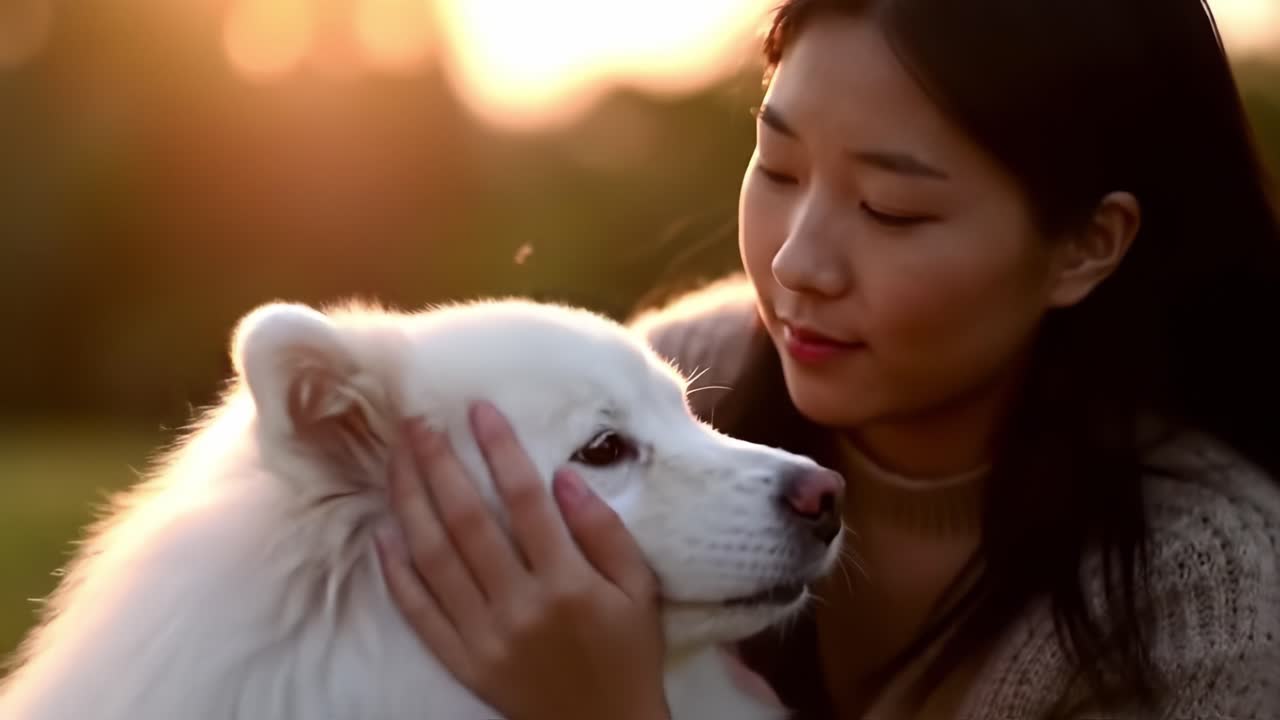 A Heartfelt Moment: A Young Woman Cherishing Her Samoyed Dog in a Golden Sunset, Capturing the Bond Between Human and Pet in an Enchanting Setting