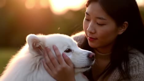 a heartfelt moment: a young woman cherishing her samoyed dog in a golden sunset, capturing the bond between human and pet in an enchanting setting