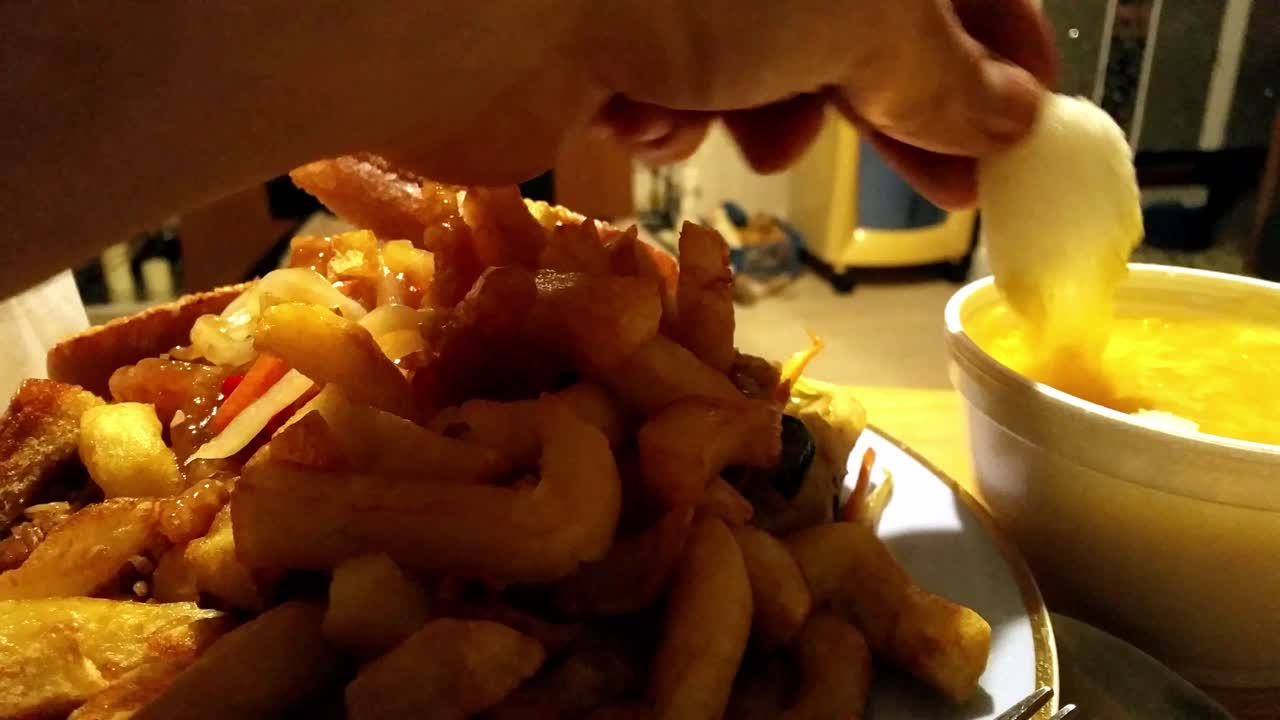 Chinese takeaway order, fattening, greasy unhealthy chips, prawn cracker dipped in soup