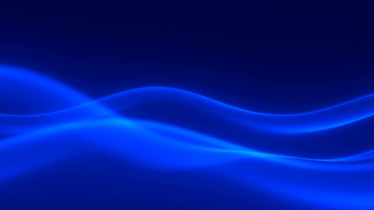 Blue Flowing Light Waves Across Frame, Neon Ribbons Undulate Smoothly Over Deep Gradient Background, Luminous