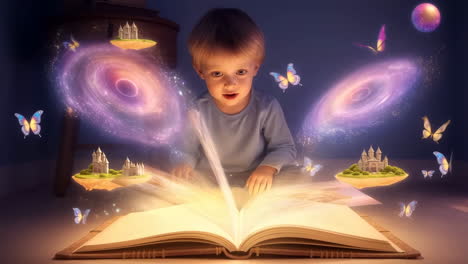 young child enchanted by a magical storybook