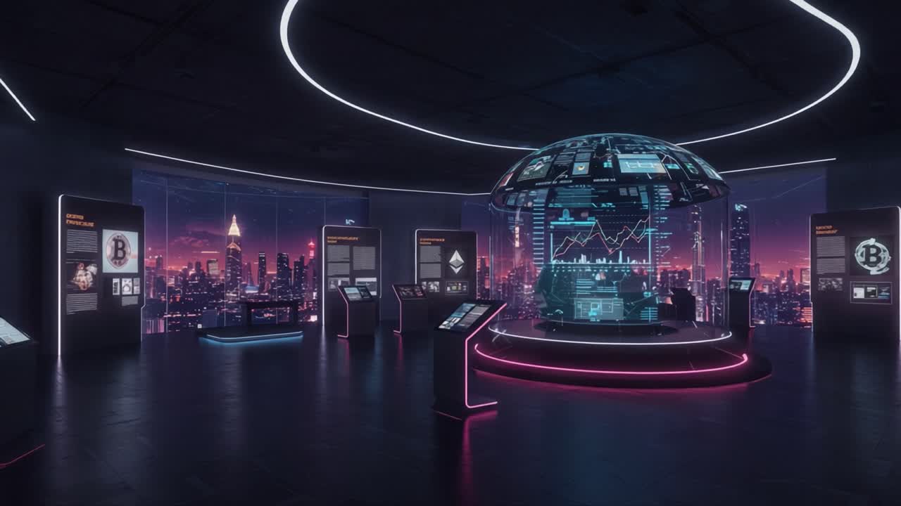 Uno spazio espositivo futuristico che mostra la tecnologia delle criptovalute con display interattivi e una vista panoramica sulla città in un ambiente high-tech