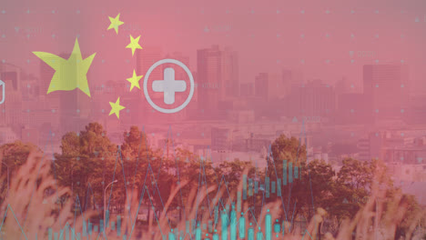 Animation-of-flag-of-china-and-data-processing-over-cityscape