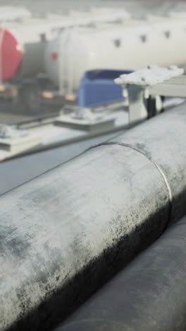 closeup of a large pipe, with trucks in the background