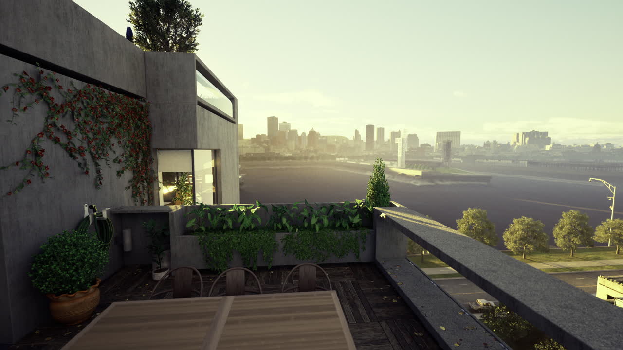Modern rooftop terrace overlooking a city skyline at sunset