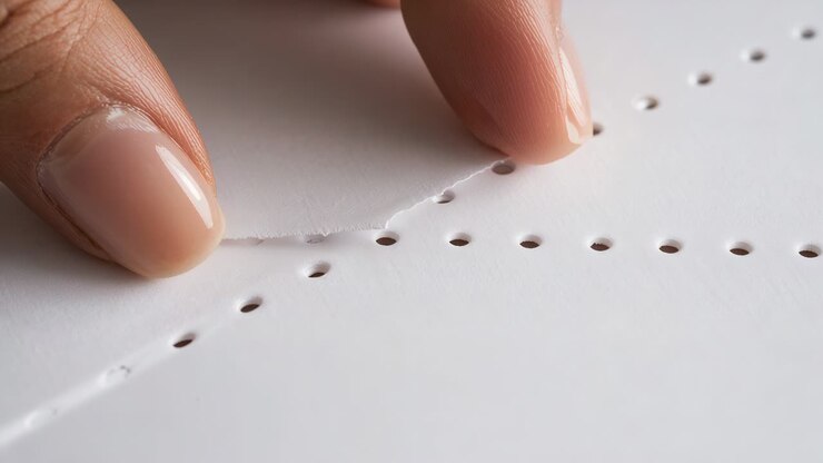 Pressing two fingertips sliding along white perforated paper on tabletop, detaching paper strip