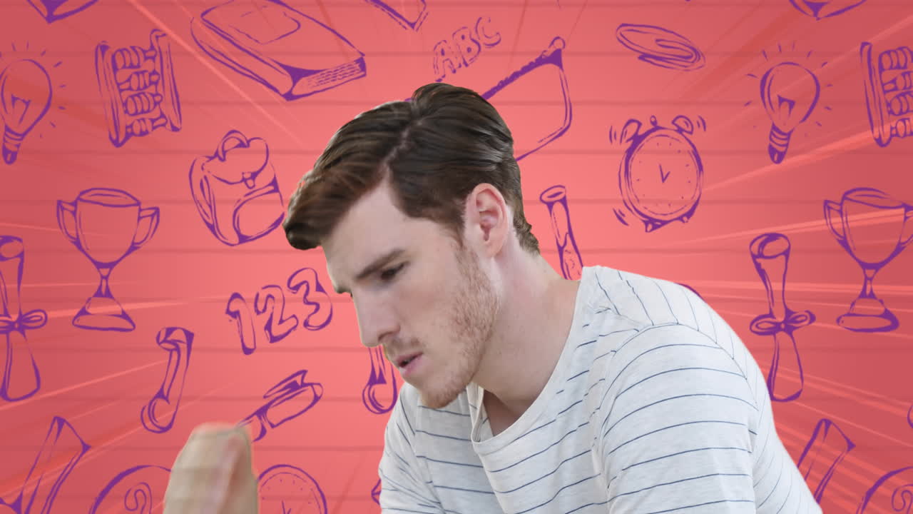 animación de un estudiante caucásico confundido sobre la escuela y los íconos de aprendizaje en papel rosa