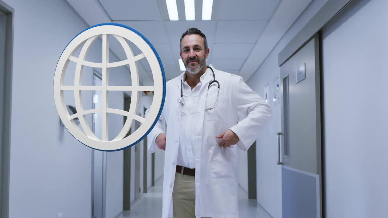 In hospital, doctor walking with animation of globe overlaying hallway scene