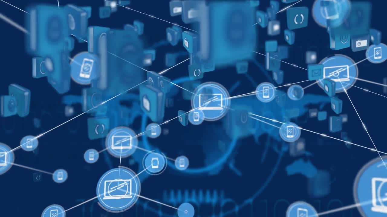 redes de animación de conexiones e iconos sociales con círculos azules en el fondo