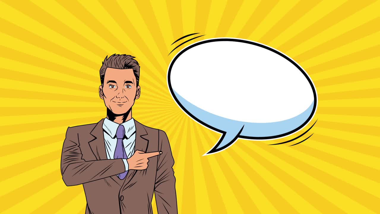 elegant businessman with speech bubble pop art style animation