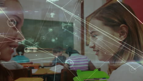 animation of connected dots and graph icons over diverse girl whispering secret into friends ear