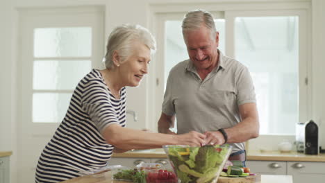 love, home and senior couple with a salad