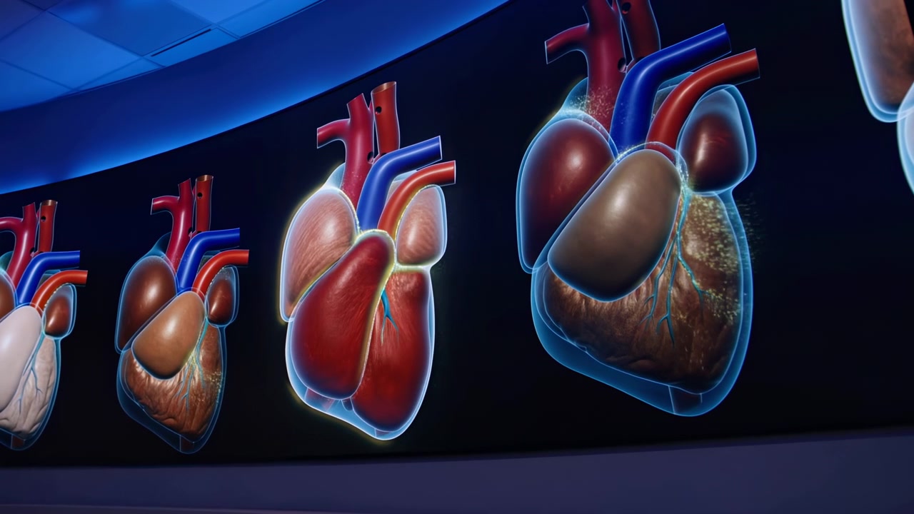 Diversi modelli anatomici di cuore lucidi sono allineati lungo una parete scura curva all'interno di un ambiente clinico, ognuno mostra vasi rossi e blu, un bagliore traslucido, una finitura riflettente e un display medico moderno.