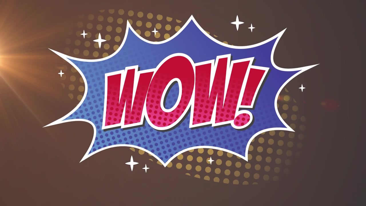 Animazione del testo "wow" e punti luce su sfondo nero