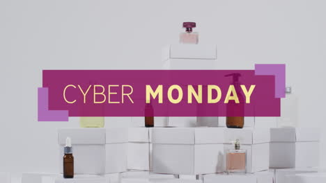 animation of cyber monday text over gift boxes and beauty products