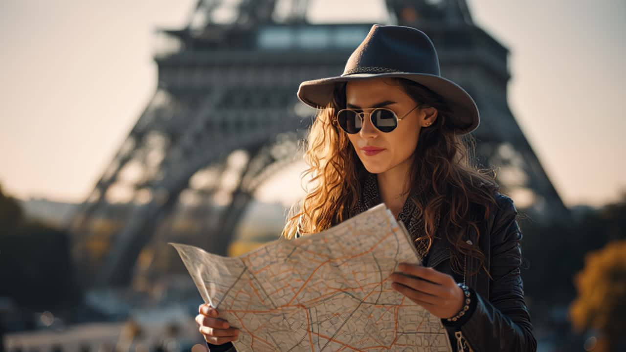Riprese di viaggio cinematografiche di una donna elegante con cappello e occhiali da sole che tiene in mano una mappa cartacea, con la Torre Eiffel sfocata dietro di lei, Parigi, Francia, all'ora d'oro.