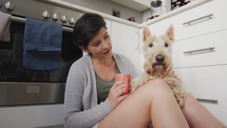 caucasian woman holding a coffee cup playing with her dog sitting in the kitchen at home