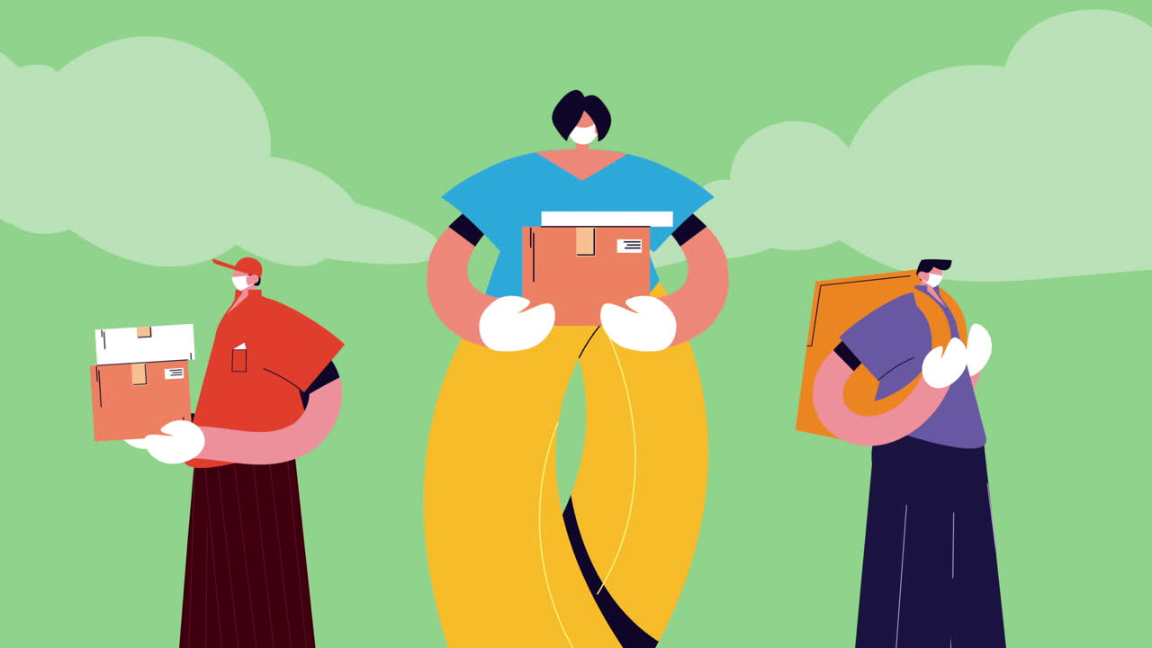 trabajadores de servicios de entrega con animación de cajas