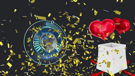 animación de confeti con alcance y globos de corazón con presente en fondo negro