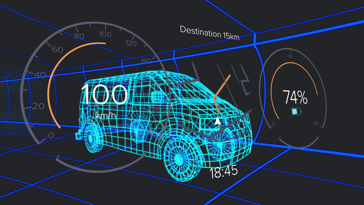 Showing animation, futuristic car dashboard with speed, destination, battery level