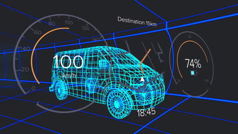 Showing animation, futuristic car dashboard with speed, destination, battery level