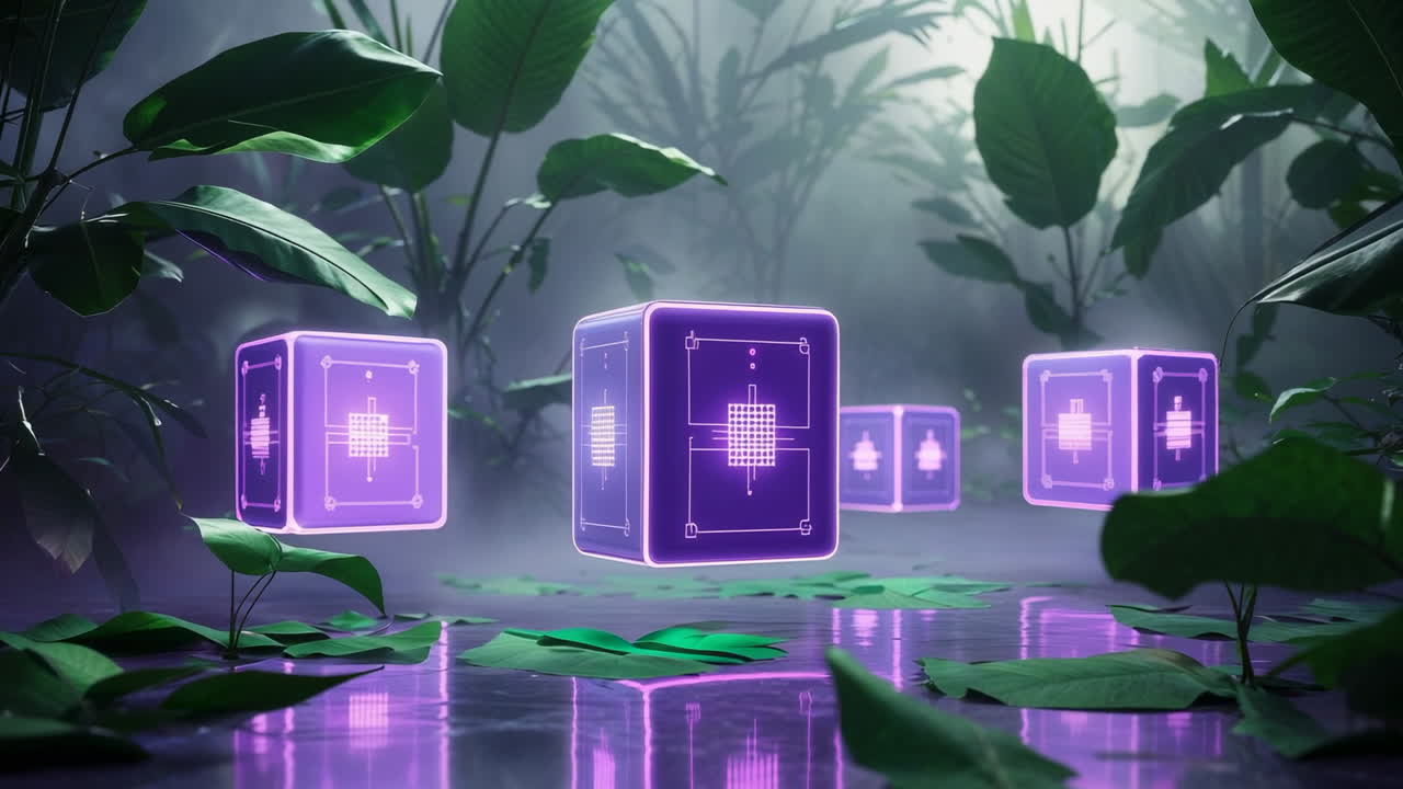 Glowing Purple Cubes in a Bioluminescent Jungle