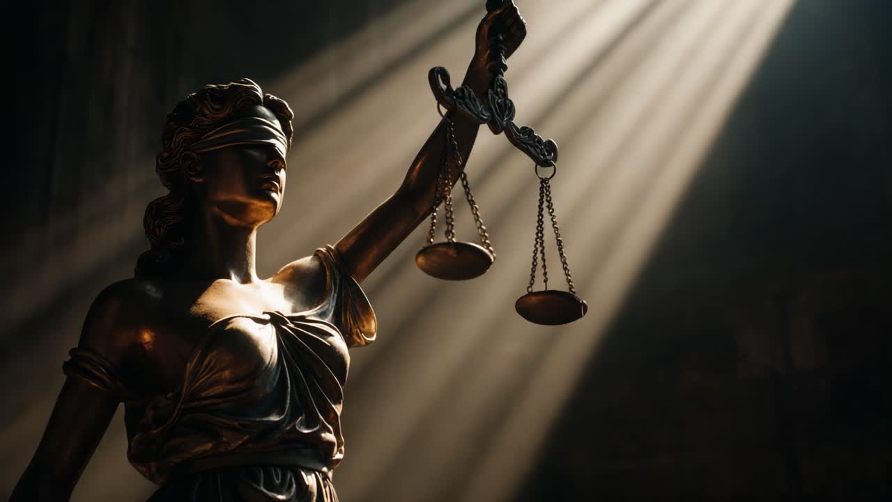 A captivating depiction of Justice as a blindfolded woman holding balanced scales, illuminated by heavenly rays, symbolizing fairness and impartiality in a serene environment