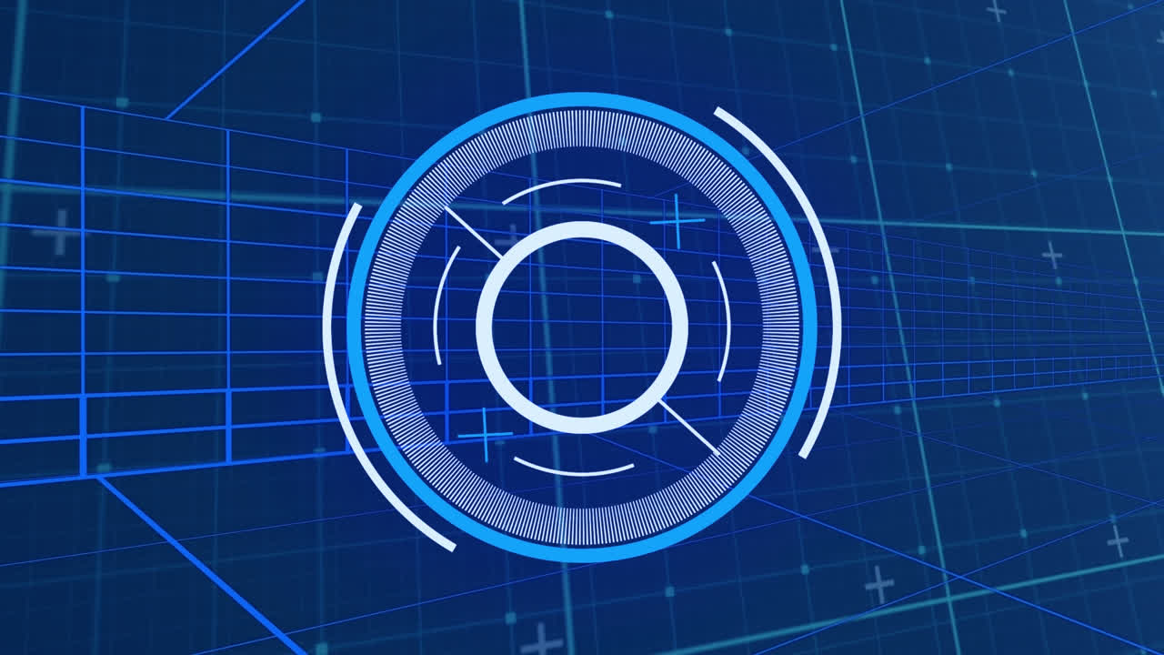 Animation of round scanner, tunnel in seamless pattern over grid network against blue background
