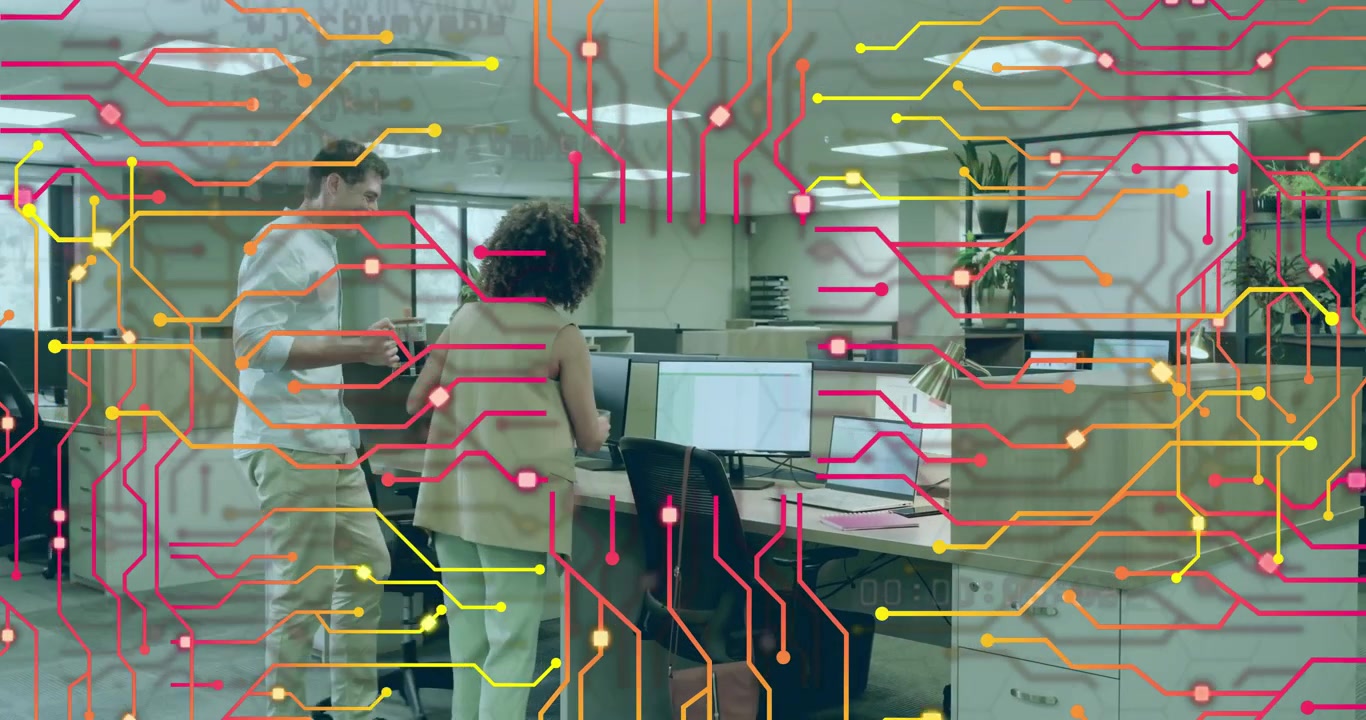 Woman arriving, starting office work, coworker joining reviewing data leaving with circuit graphics