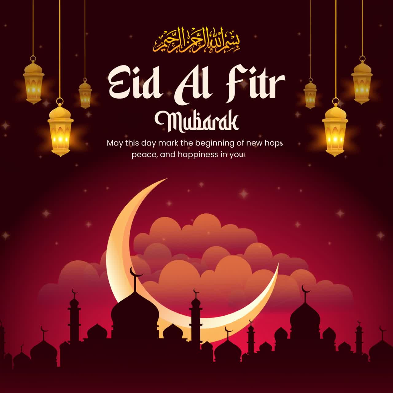 Animazione di auguri Eid al Fitr, luna crescente, lanterne appese, sagoma di moschea, sfondo gradiente rosso