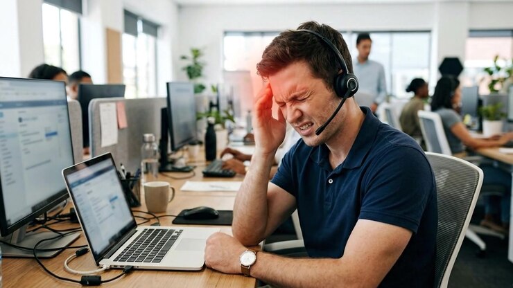 Mitarbeiter mit Headset reibt sich in einer realistischen medizinischen Szene während der Computerarbeit in einem geschäftigen Büro die Schläfe
