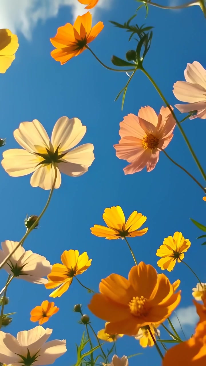 Vibrant Cosmos Blooms Gently Swaying in the Summer Breeze