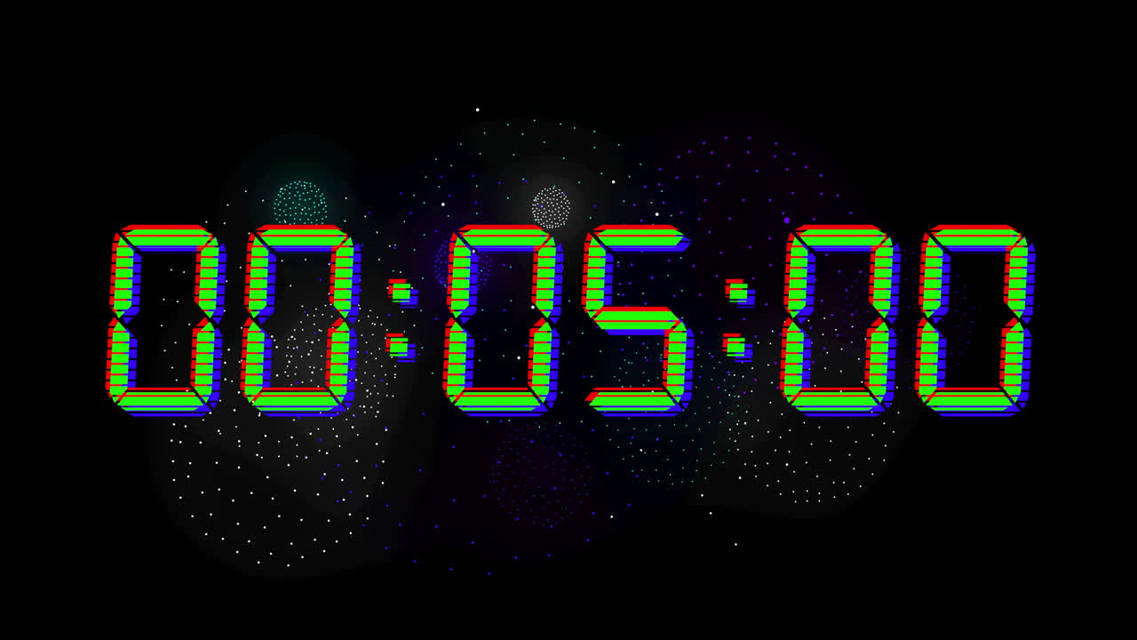 Animation of digital clock counting down to midnight on black background