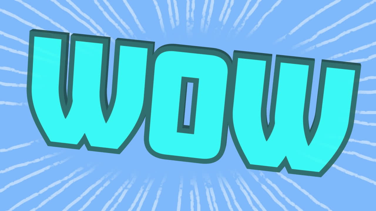 파란색 배경에  ⁇  빛 위에 파란색 문자로 와우 텍스트의 애니메이션