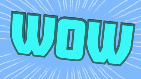 animation of wow text in blue letters over white rays on blue background