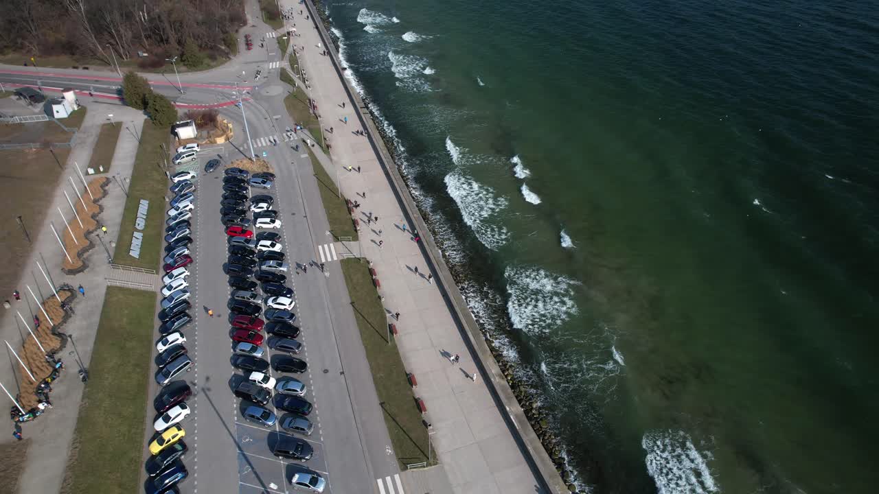 Coastal Park Run in Gdynia, Poland. Aerial view of runners by the Baltic Sea